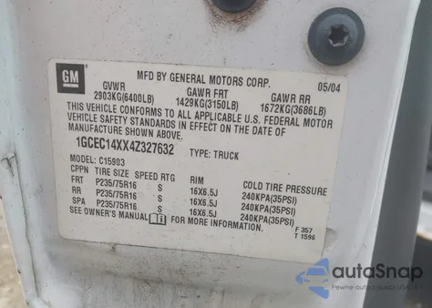 2004 Chevrolet Silverado 1500 Work Truck from USA, damaged, VIN 1GCEC14XX4Z327632